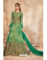 Magnificent Jade Green Net Embroidered Floor Length Suit