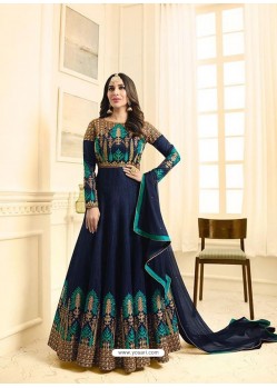 Lustrous Navy Blue Embroidered Floor Length Suit