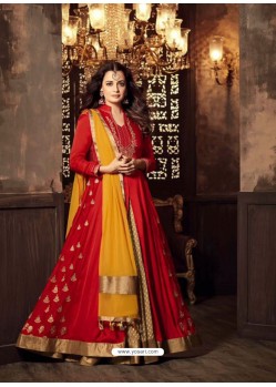 Red Viscose Modal Embroidered Floor Length Suit