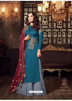 Tealblue Embroidered Floor Length Suit