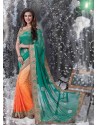 Green And Orange Embroidered Work Designer Saree