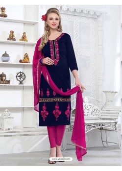 Navy Blue Cotton Embroidered Suit