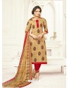 Beige Poly Cotton Printed Suit