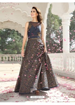 Magnificent Navy Blue Jacquard Gown