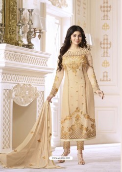 Beige Pure Georgette Embroidered Suit