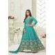 Turquoise Silk Embroidered Floor Length Suit