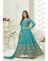 Turquoise Silk Embroidered Floor Length Suit