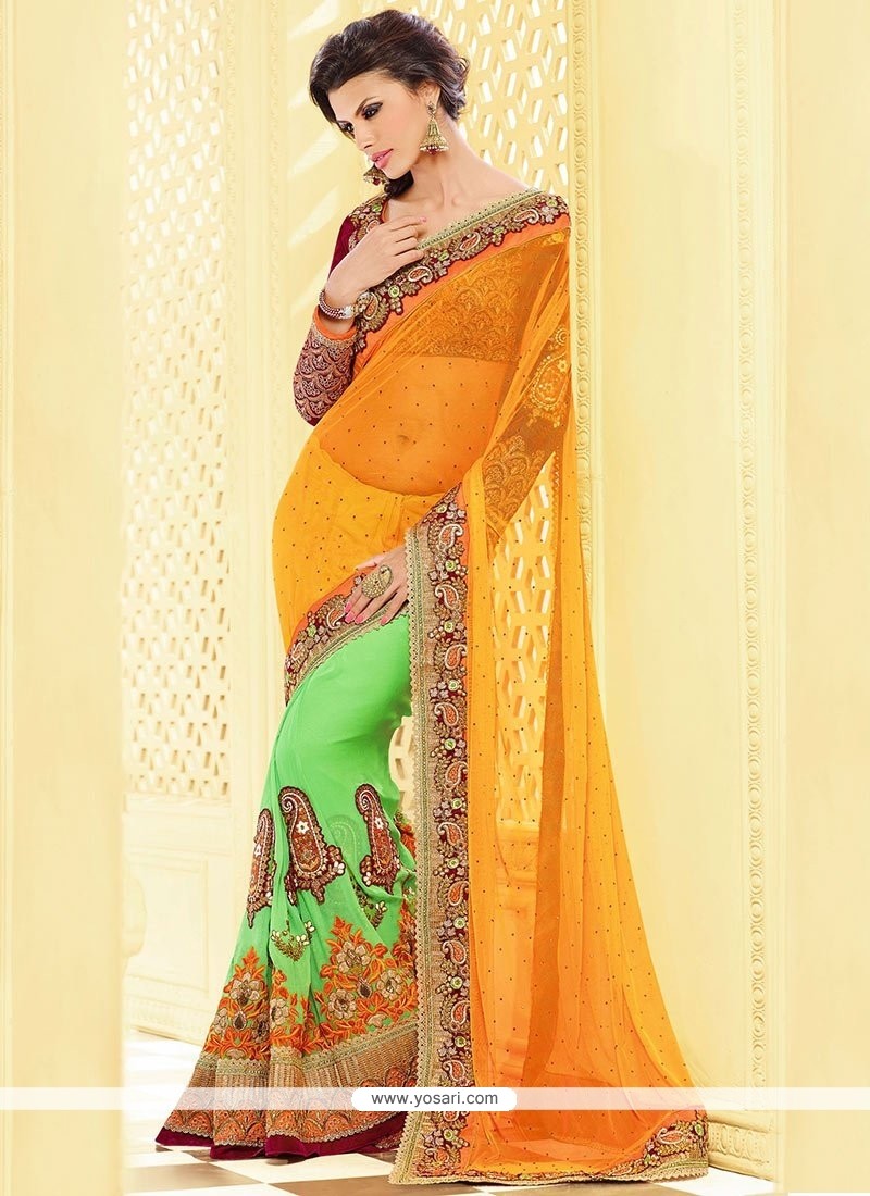 Green And Yellow Pure Georgette Designer Saree