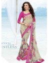 Pink And Off White Print Work Saree