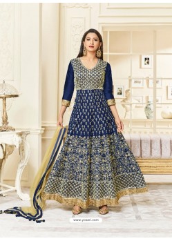 Navy Blue Silk Embroidered Floor Length Suit