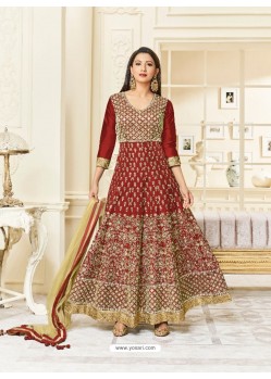 Wine Silk Embroidered Floor Length Suit