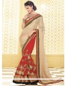 Cream And Red Shimmer Georgette Half And Half Saree