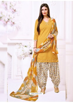 Yellow Cotton Printed Suit