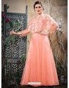 Astonishing Peach Net Zari Work Gown