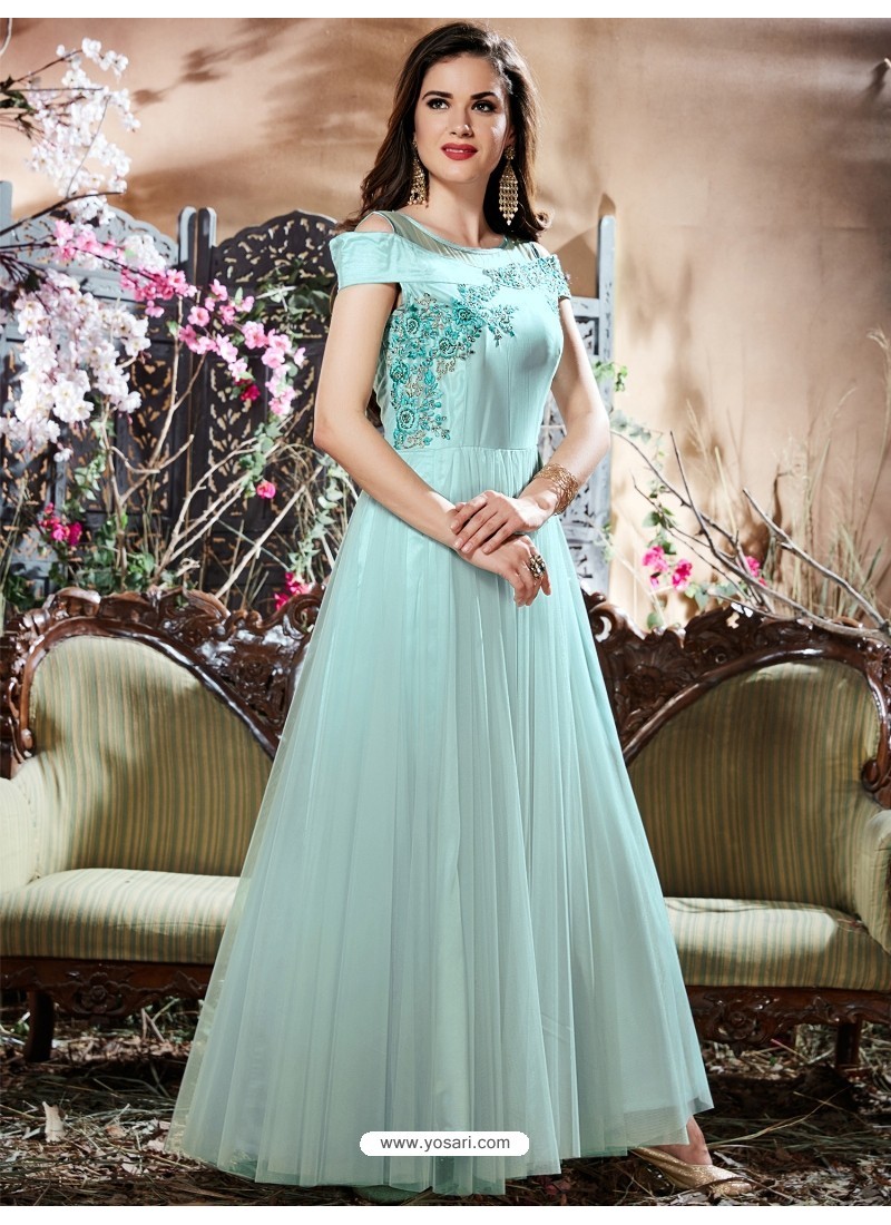 Buy Sky Blue Net Zari Work Gown | Gowns