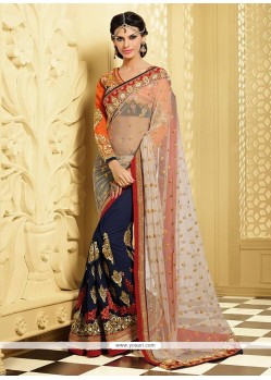 Blue And Cream Shaded Pure Georgette Half And Half Saree