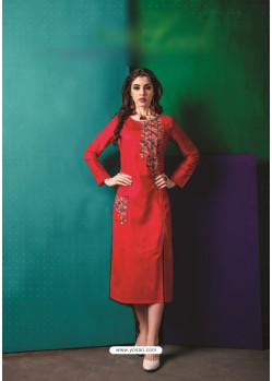 Red Cotton Embroidered Kurti