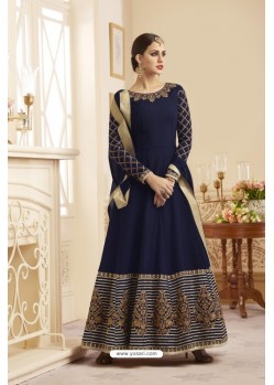 Navy Blue Flash Silk Embroidered Floor Length Suit
