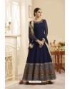 Navy Blue Flash Silk Embroidered Floor Length Suit