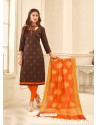 Brown Cotton Satin Thread Embroidered Suit