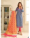 Grey Cotton Satin Thread Embroidered Suit