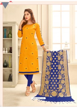 Yellow Cotton Satin Thread Embroidered Suit