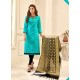 Turquoise Cotton Satin Thread Embroidered Suit