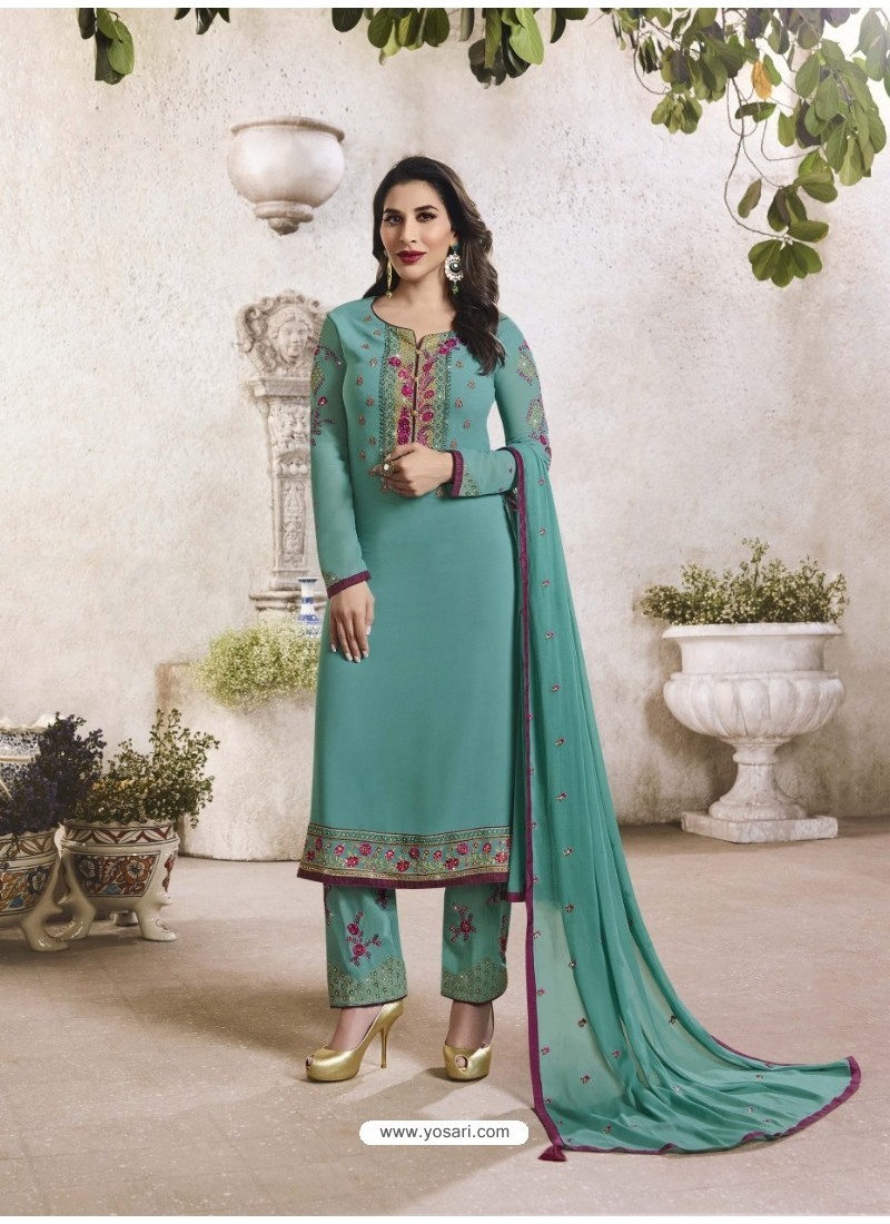 Buy Teal Georgette Embroidered Suit | Straight Salwar Suits