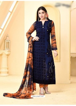 Navy Blue Pure Chiffon Embroidered Suit