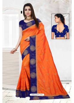 Orange Faux Silk Embroidered Saree