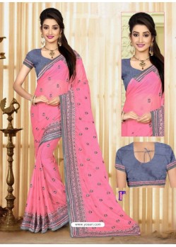 Peach Faux Georgette Embroidered Saree