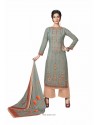 Dull Grey Cotton Maserein Embroidered Suit