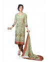 Olive Green Cotton Maserein Embroidered Suit