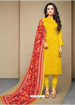 Fashionistic Yellow Cotton Embroidered Suit