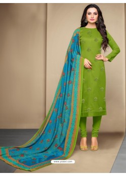 Excellent Green Cotton Embroidered Suit
