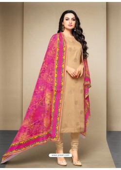 Desirable Beige Cotton Embroidered Suit