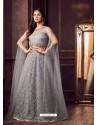 Grey Net Embroidered Floor Length Suit