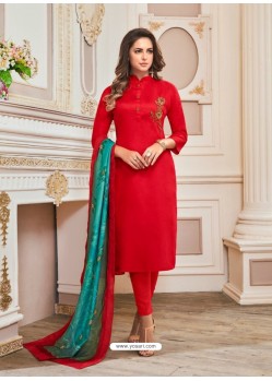 Red Cotton Hand Work Suit
