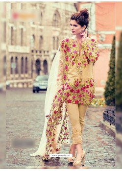 Beige Pure Cambric Embroidered Suit