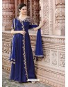Dark Blue Poly Cotton Embroidered Floor Length Suit