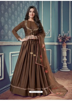 Brown Barfi Silk Embroidered Floor Length Suit