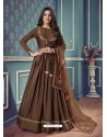 Brown Barfi Silk Embroidered Floor Length Suit