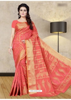 Peach Banarasi Silk Woven Saree
