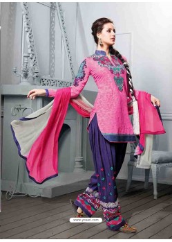 Pink And Navy BLue Cotton Jacquard Punjabi Patiala Suit