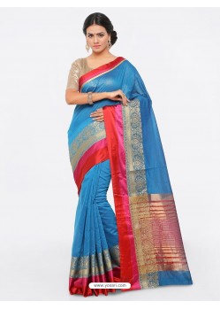 Blue Cotton Silk Jacquard Saree