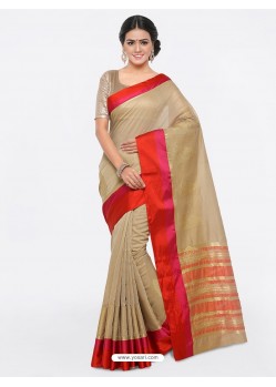 Beige Cotton Silk Jacquard Saree