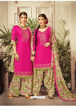 Fuchsia Cotton satin Embroidered Suit