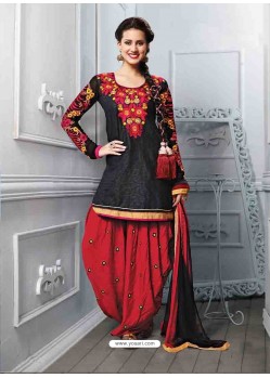 Red And Black Cotton Jacquard Punjabi Patiala Suit