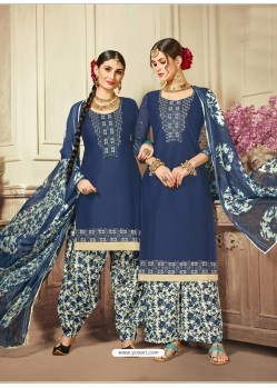 Dark Blue Cotton satin Embroidered Suit