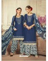 Dark Blue Cotton satin Embroidered Suit